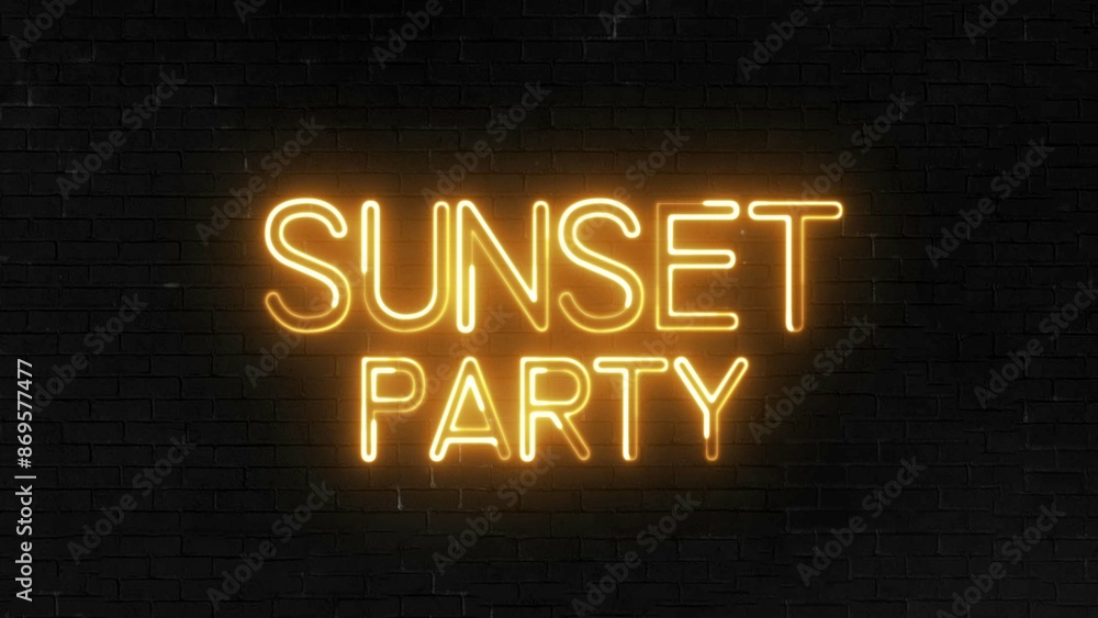 Aufkleber sunset party text font with neon light. luminous and shimmering haze inside the letters of the text 