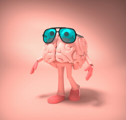 Funny pink brain wearing sunglasses is walking on a pink background
