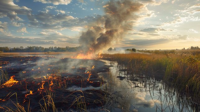 Peat bog ignites in summer: the fire hazard of burning natural materials, natural peat