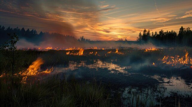 Peat bog ignites in summer: the fire hazard of burning natural materials, natural peat