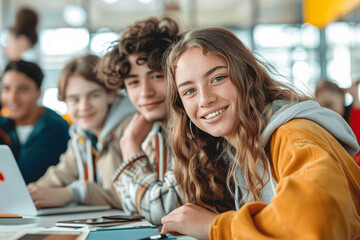 Obraz premium Multicultural group of university students studying together with laptops and books in classroom - Happy and diverse young people collaborating on project in school library