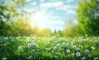 Serene spring meadow with wildflowers and trees under blue sky, sunny landscape with green grass and blooming flora, nature banner for product presentation