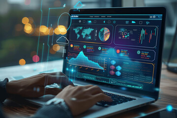 Business Data Technology with Financial Marketing Dashboards Graphs Analytics Insights on Laptop Cloud Services Digital Web3 Close Up Hands Office Desk Charts Metrics KPIs Analysis Reports