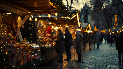 Christmas Market Preparation. A bustling scene of vendors setting up stalls with holiday lights and decorations
