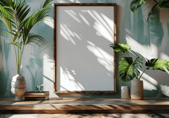 3D Rendering Blank Picture Frame Mockup on Wooden Table with Tropical Leaves and Books Sunlight and Shadows Minimalist Interior