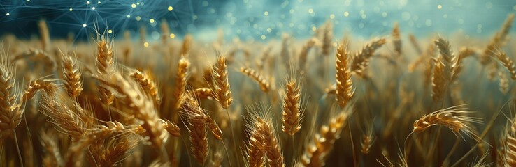 Golden wheat field under a starry sky, digital network background. Close-up of wheat ears with a futuristic data overlay. Concept of agriculture and modern technology.