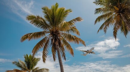 Obraz premium White airplane flying above the palm trees
