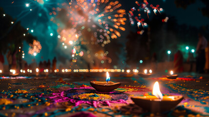 Diwali Celebration. An outdoor scene of Diwali night with colorful fireworks, lit diyas, and rangoli patterns