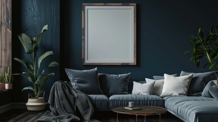 Frame mockup in cozy dark room interior background