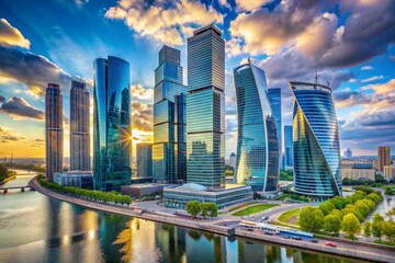 Fototapeta premium Modern Moscow cityscape featuring skyscrapers and office buildings