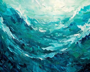 Abstract painting with teal, white and yellow brushstrokes.