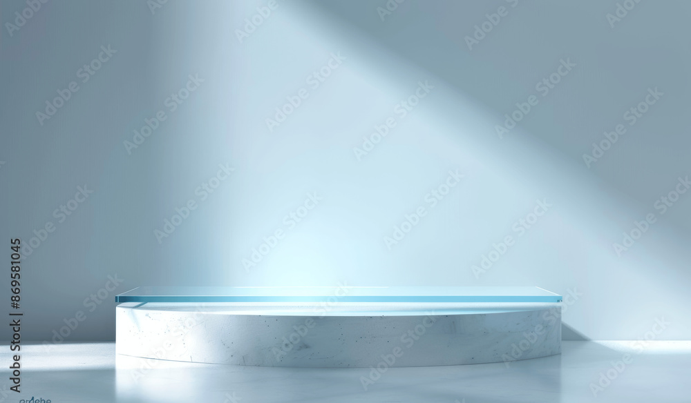 Poster abstract white background with light blue gradient and glass shelf for product display in studio