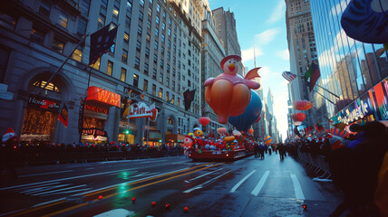 Thanksgiving Parade. Floats and giant balloons making their way through city streets during the...