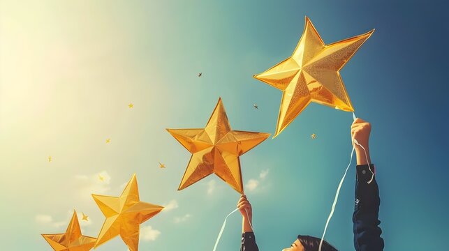 Businesspeople Flying Kites Shaped Like Golden Stars in Surreal for Cooperative Success
