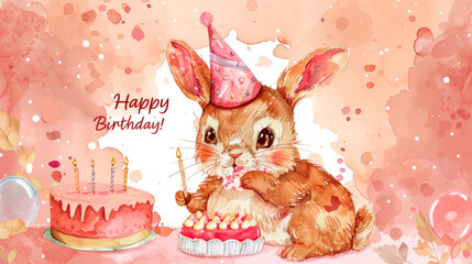 a cute birthday invite background, with a bunny and a cake, pastel tone.