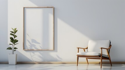 Minimalist 3D Rendered Wooden Frame and Sleek Chair in Studio Setting