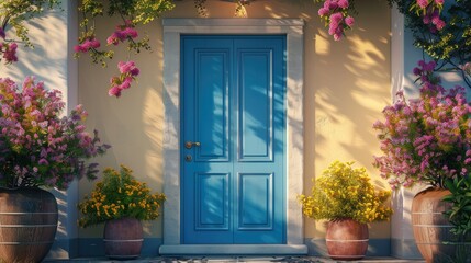 Fototapeta premium A front entrance of a home with a blue door