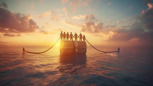 Diverse Business Team Surpasses Challenges Through Cooperative Effort to Reach Floating Treasure