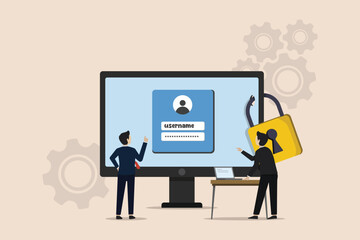 Strong password for cyber security, high protection and security, safe data privacy, businessman team doing strong password protection on computer screen.