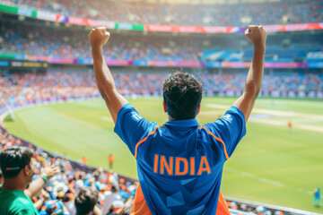 Patriotic Indian Fans Celebrating with Flags. A jubilant group of Indian cricket fans, with dark hair and medium skin, waving the national flag, smiling broadly, and exuding national pride in stadium