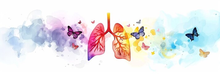 Horizontal banner, Watercolor illustration. World Lung Cancer Day, World tuberculosis day, pneumonia, respiratory diseases concept. Free space for text, white background with butterflies
