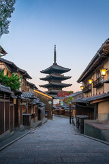Beautiful Autumn landscape.Yasaka pagoda and Sannen Zaka Street majestic sunset during Autumn season at Kyoto,Japan. Yasaka Pagoda is the famous landmark and travel attraction of Kyoto.
