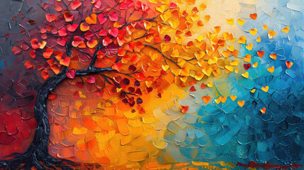 Elegant colorful tree with vibrant leaves hanging branches illustration background. Bright color 3d abstraction wallpaper for interior mural painting wall art decor. Ai	