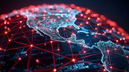 Futuristic digital globe focused on America, showcasing interconnected data lines and international telecommunication networks