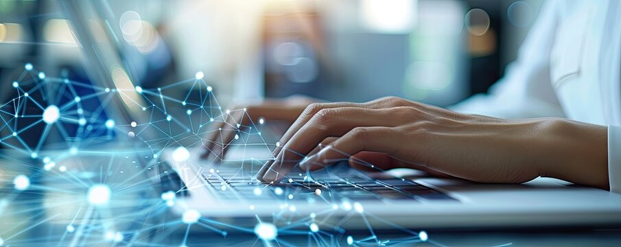 Hands typing on laptop, on light blue background with infographic diagrams and other data. Space for copy