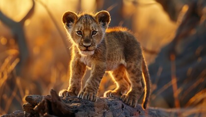 Majestic Young Lion Cub Standing Atop Log in Soft Golden Sunrise Light, Wild and Regal, African Savanna Setting