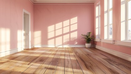 Obraz premium Empty Living Space with Pink Wall and Hardwood Flooring Interior Design