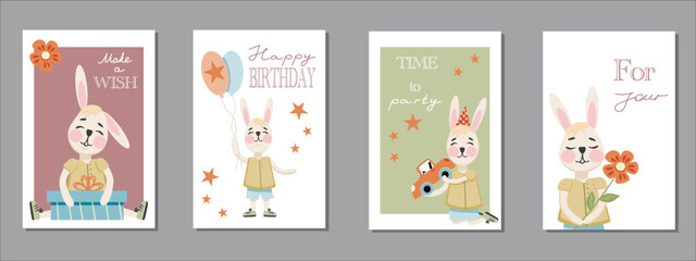 Obraz premium Set of Birthday greeting card with cute little rabbits, party balloons and typography design. Vector