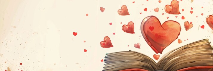World Book Lovers Day. Horizontal banner. Open book with hearts above the pages. Copy space. Day of knowledge, day of literacy. Back to school, education learning concept. National library Day