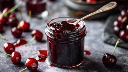 Glass jar of dark cherry jam with fresh cherries and spoon