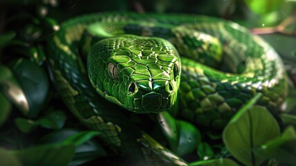 Close-up of coiled green snake with detailed scales on leafy background