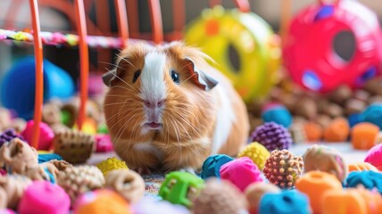 Guinea pig surrounded by colorful toys and treats