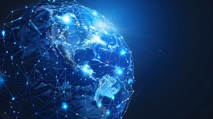 Naklejka premium Cyber technology-themed digital globe centered on America, representing global information exchange and network connectivity
