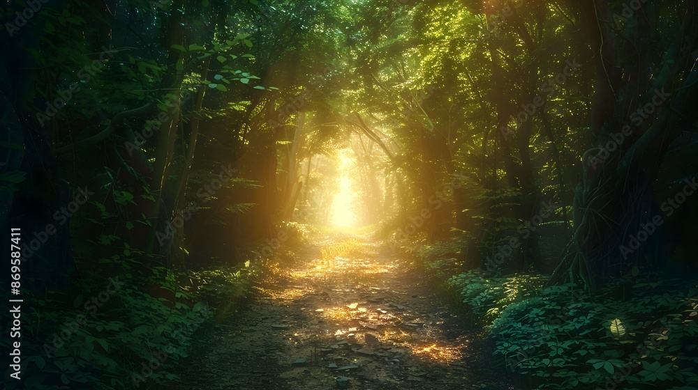Poster enchanting glowing path emerging from mysterious forest into the horizon