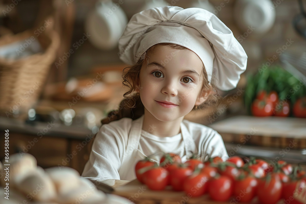 Wall mural AI generated photo of cute nice child wear adult costume chef culinary concept