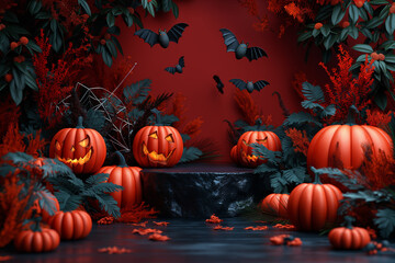 A Halloween scene with pumpkins and bats