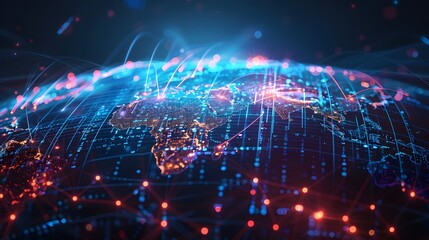 Obraz premium High-speed data transfer concept with a digital globe centered on America, highlighting international telecommunication and connectivity