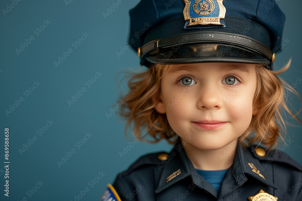 Wall mural AI generated photo of small cute adorable child police worker