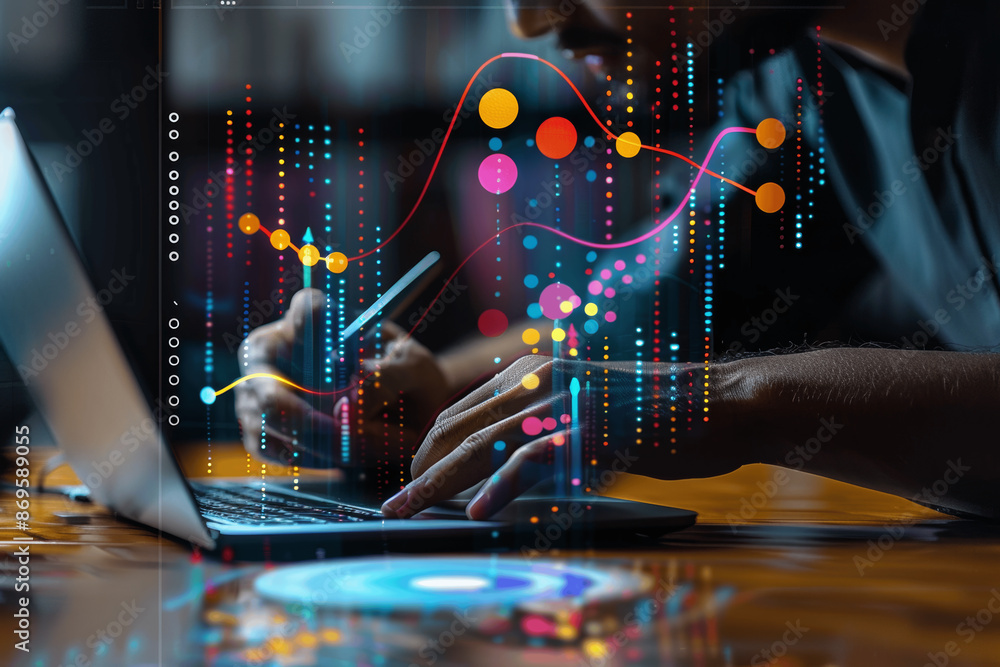 Poster businessman visualizing data growth on virtual screen with ai and big data for corporate analysis an