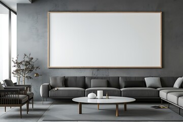 Modern living room with large blank canvas and gray sofa.