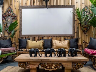 Luxury Living Room Decor with Elephant Statues and Bamboo Wall.