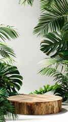Fototapeta premium Elegant Wooden Podium with Palm Leaves: A Natural Touch for Your Presentation Space