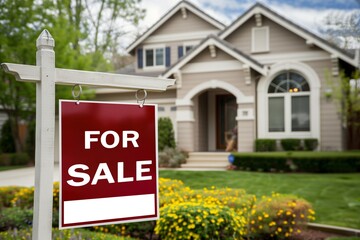 Suburban House With For Sale Sign in Front Yard, Perfect for Real Estate Listings, House Hunting, and Home Buying Illustrations