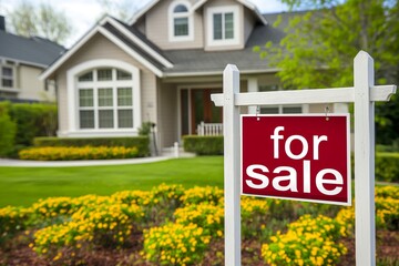 Suburban House For Sale With Well-Manicured Lawn And Vibrant Flower Garden In Spring Morning