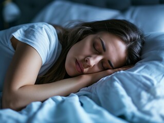 Woman fall asleep, insomnia a sleep problems. Concept of sleep routine and techniques for better sleep. Tired and exhausted lady in the middle of the night.