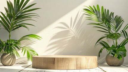 Fototapeta premium Elegant Wooden Podium with Palm Leaves: A Natural Touch for Your Presentation Space